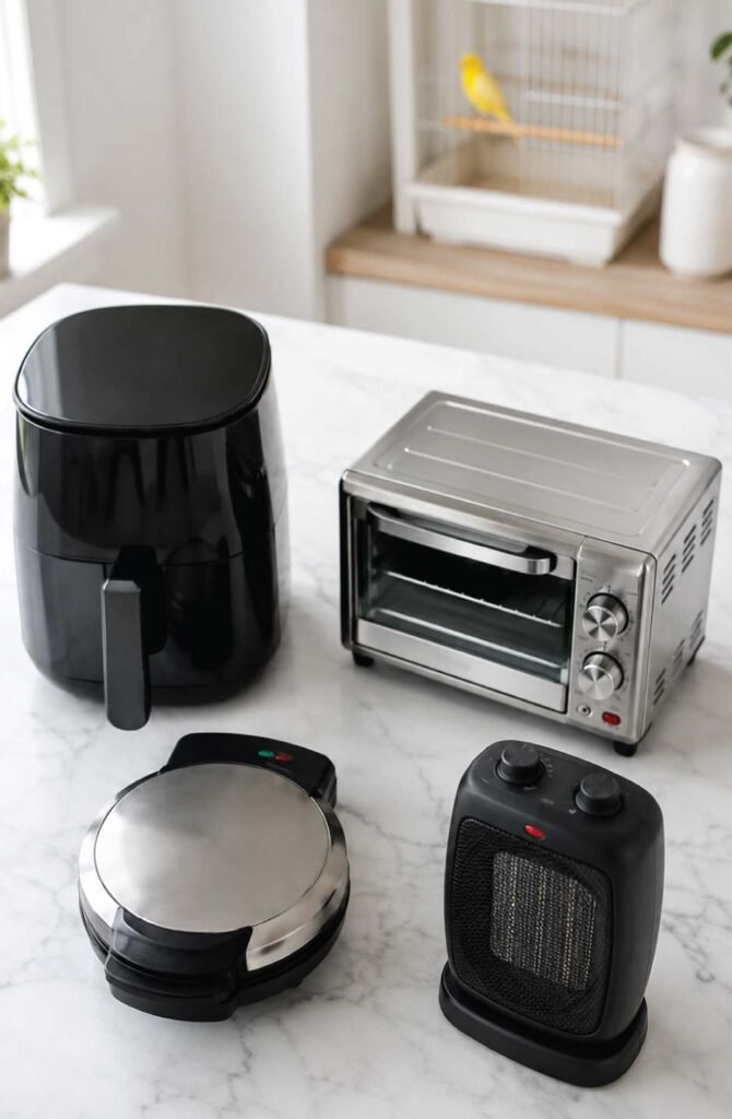 Air fryer, waffle iron, toaster oven, and space heater on a kitchen counter with a canary in a cage in the background