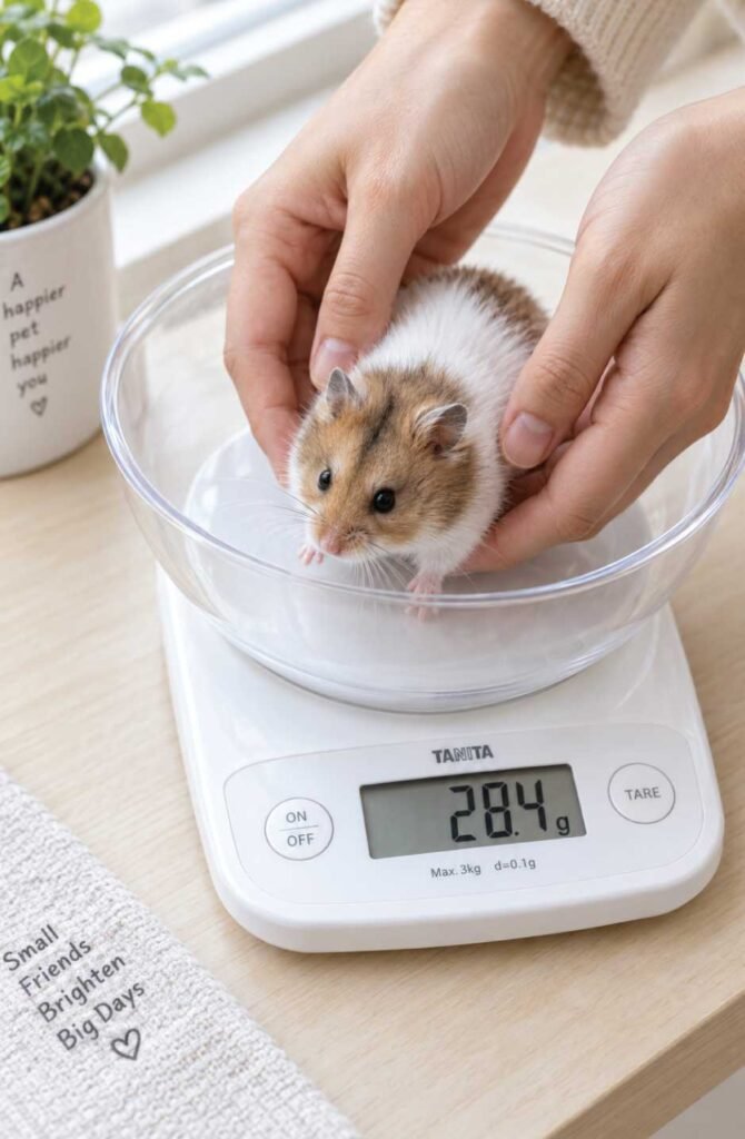 Hands placing a small hamster into a bowl on a digital kitchen scale to track its weekly weight