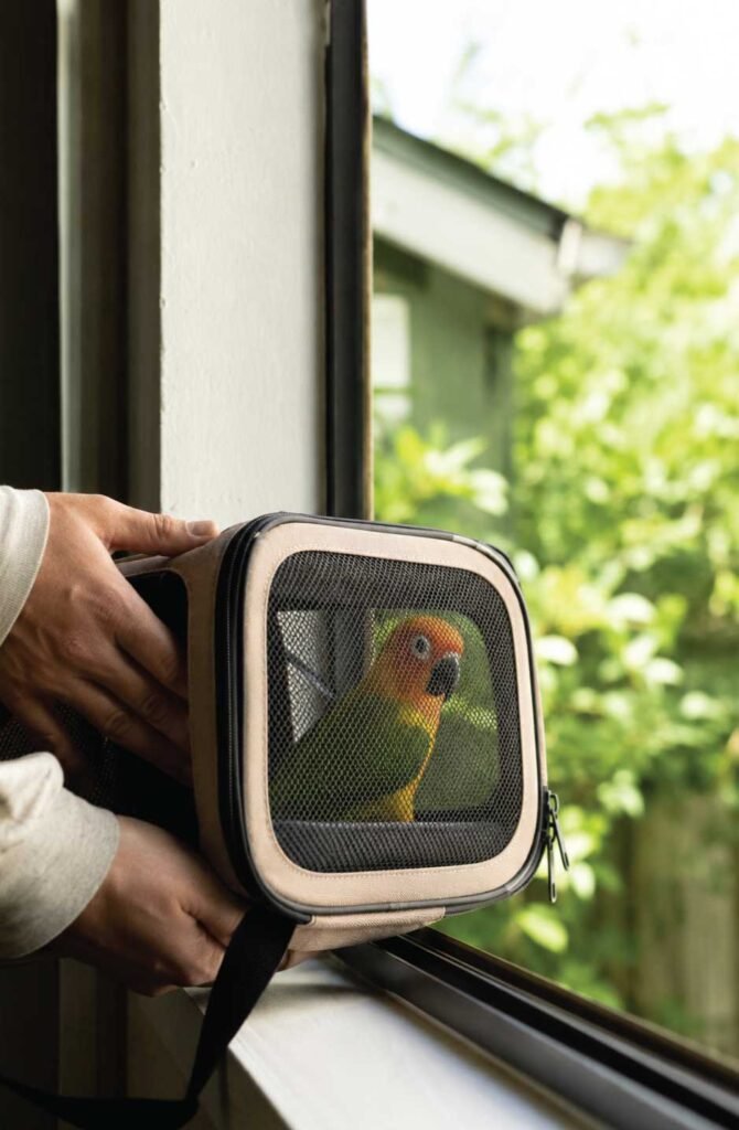 Hands placing a travel carrier with a conure parrot near an open window with fresh outdoor air