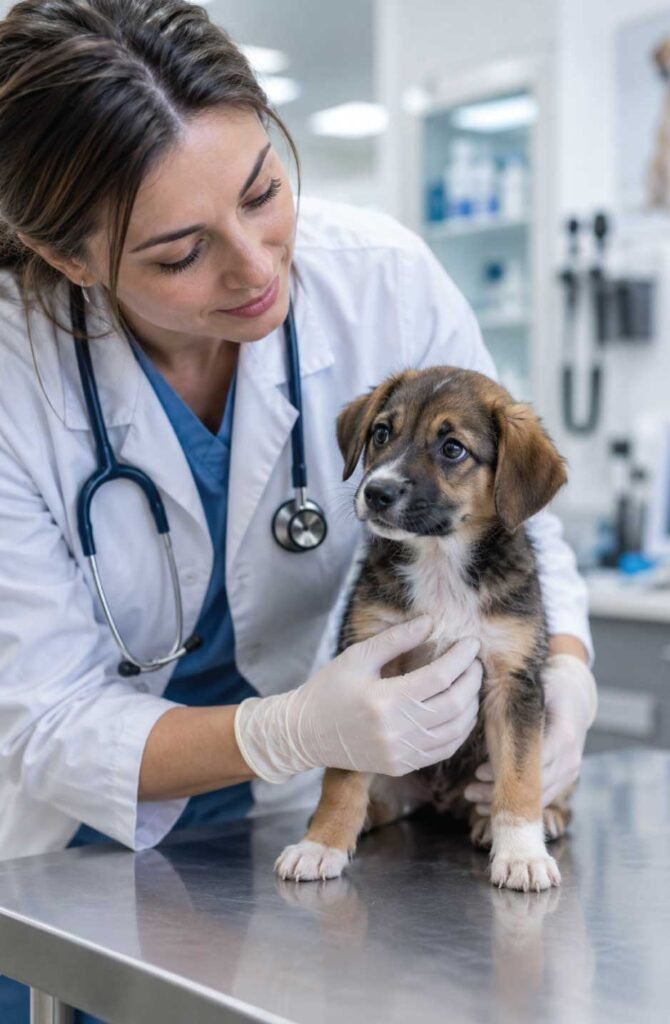 Veterinarian gently examining a small puppy on a clinic table, knowing when puppy behavior needs professional attention