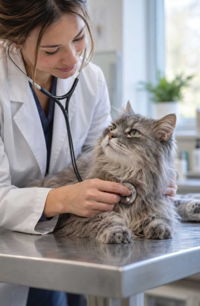 Veterinarian carefully examining a calm senior gray longhaired cat during a routine health checkup