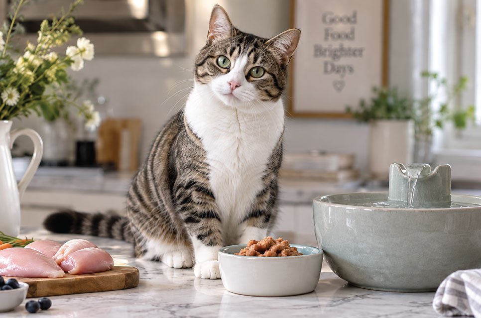 Cat sitting next to a pet water fountain with wet food on a marble kitchen counter in natural light
