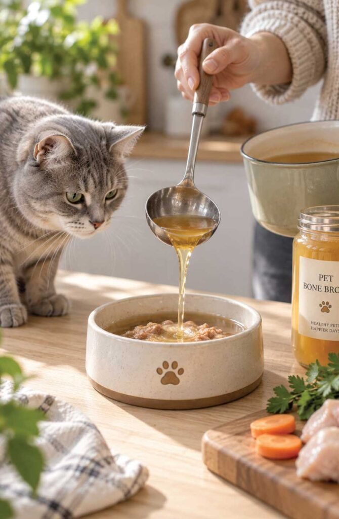 Person pouring pet-safe bone broth into a ceramic cat bowl while a gray cat watches on a kitchen counter