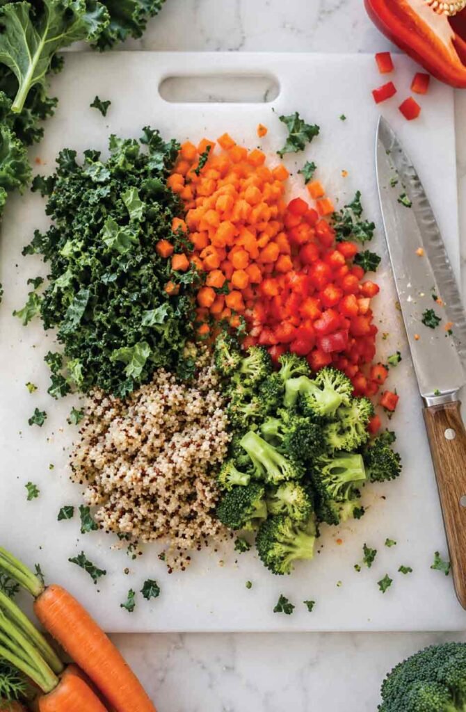 Overhead view of freshly diced bird chop on a cutting board with kale, carrot, bell pepper, broccoli, and quinoa