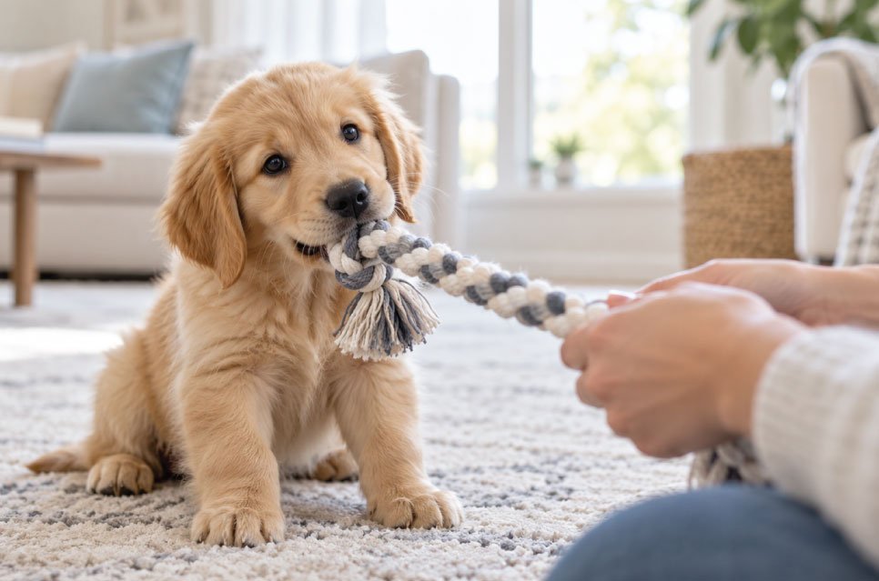 Golden retriever puppy chewing a rope toy while its owner stays calm during play