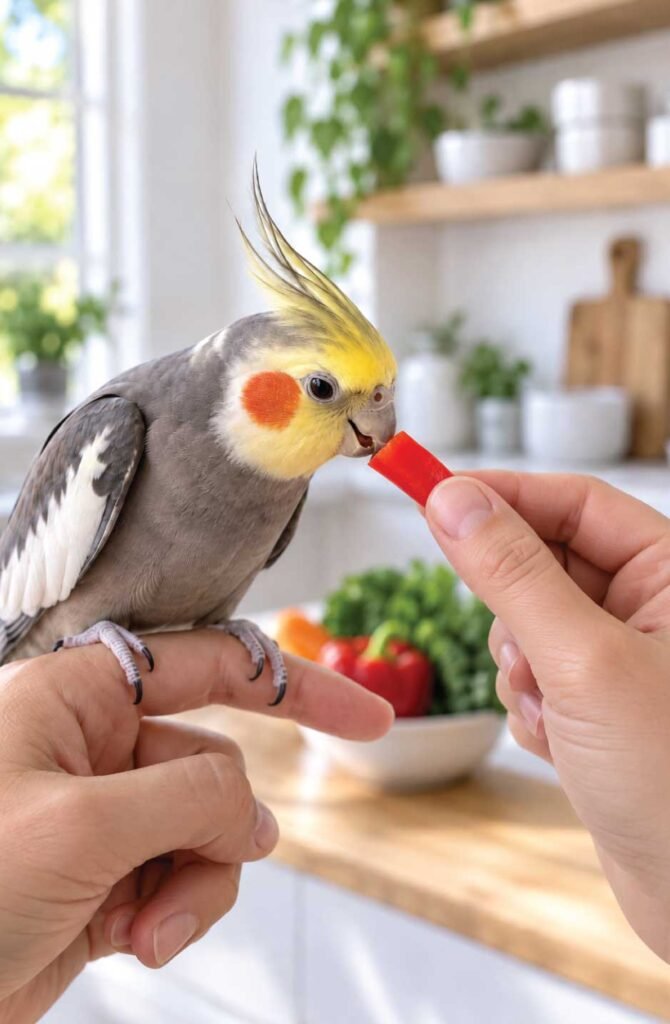 Person's hand offering a piece of red bell pepper to a curious cockatiel perched on their finger in a bright kitchen