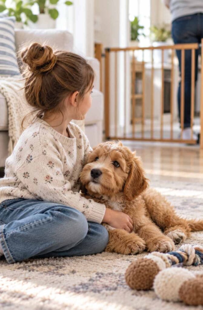 Child sitting calmly next to a puppy with a baby gate nearby for safe puppy and kid interaction