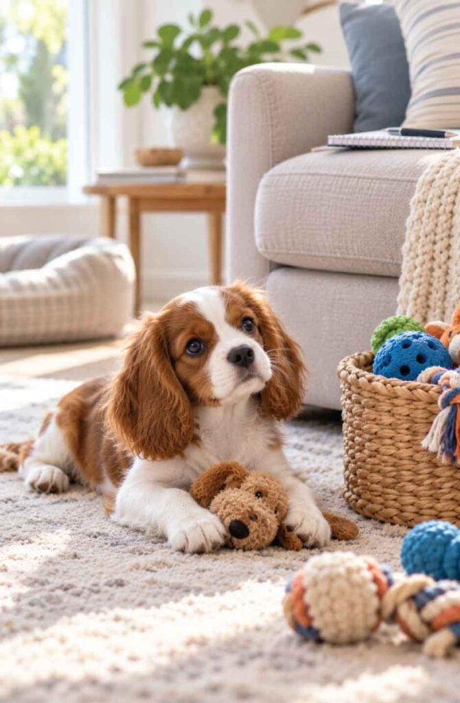 Cavalier King Charles puppy resting beside a toy basket near a sofa, with a bite diary notebook nearby