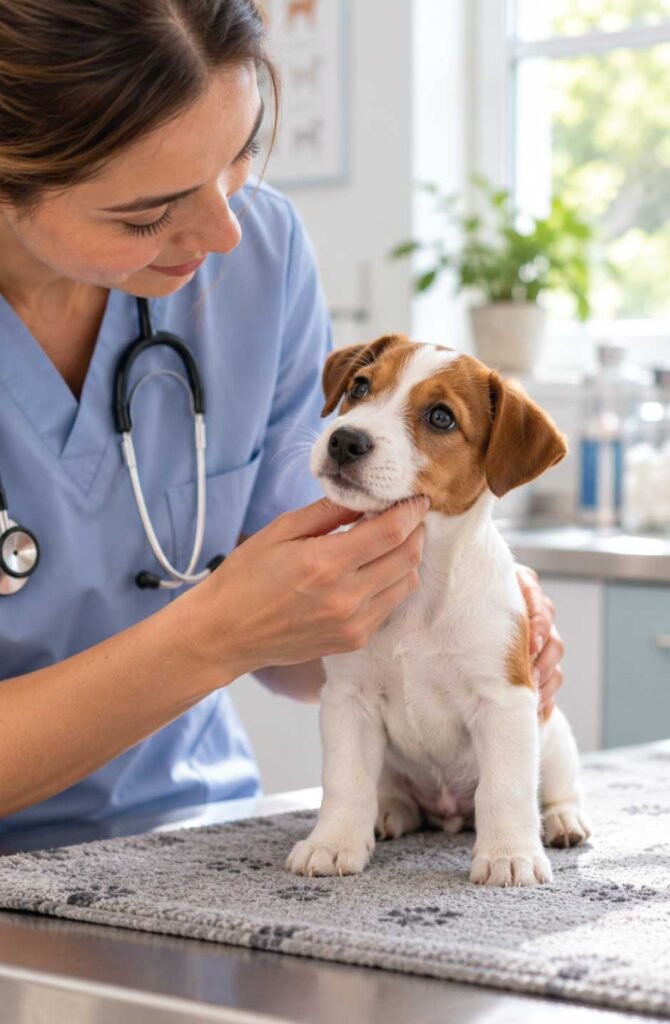 Veterinarian gently examining a puppy to check for pain or medical causes of biting