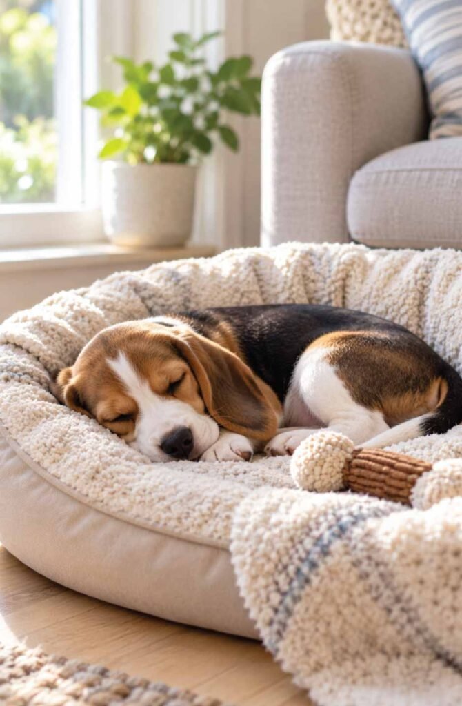 Sleepy beagle puppy curled up in a dog bed, resting to prevent overtired puppy biting