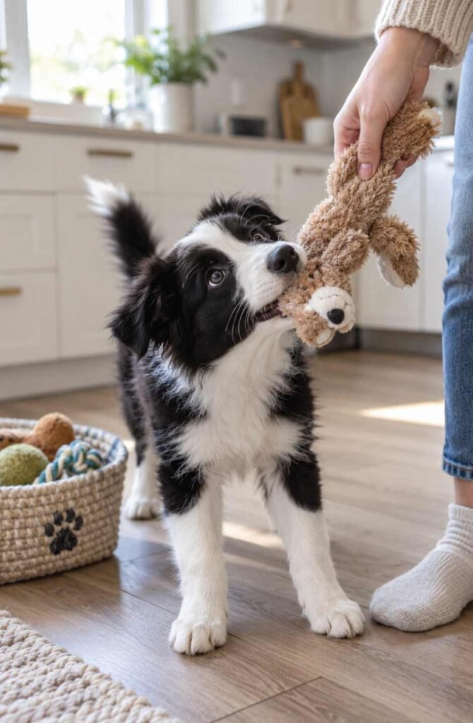 Border collie puppy taking a chew toy from a hand to redirect puppy biting in the kitchen