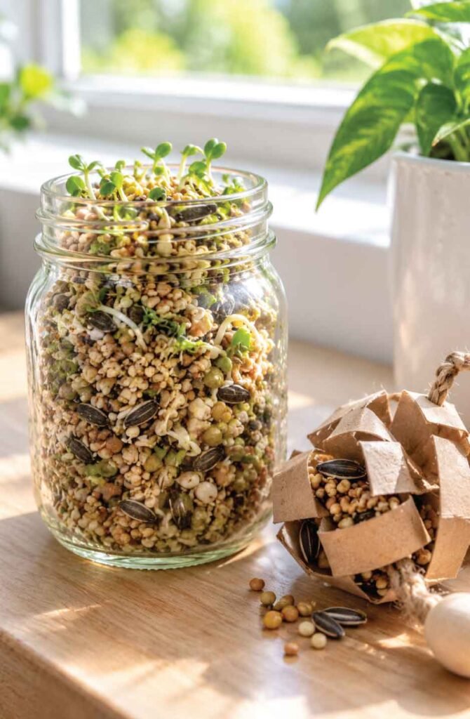 Mason jar of freshly sprouted bird seeds on a sunny kitchen windowsill beside a small paper foraging toy