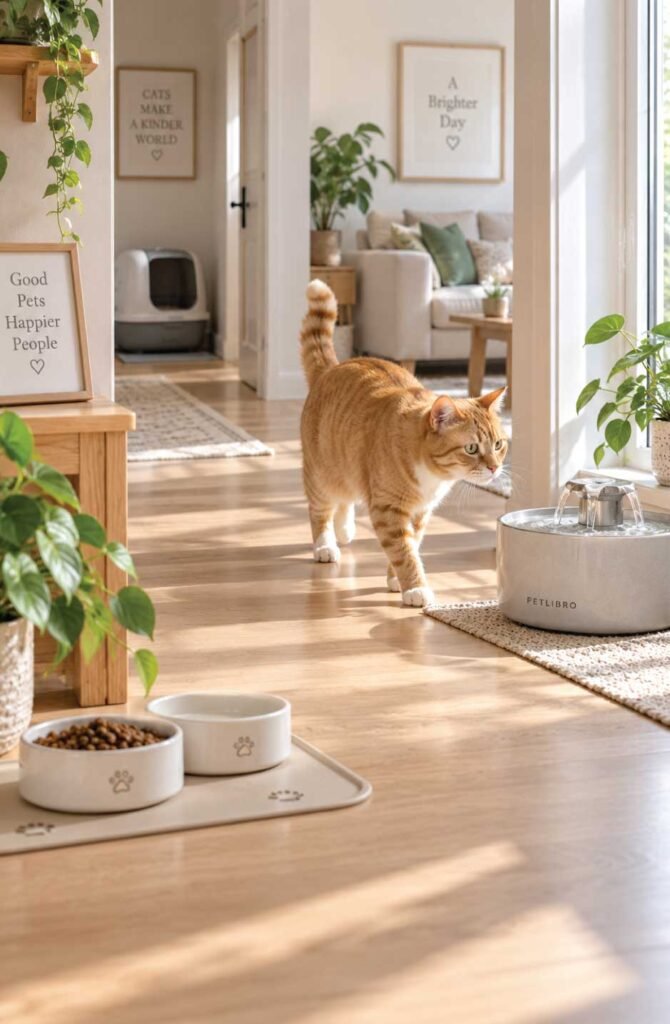Orange tabby cat walking toward a water fountain in a bright Scandinavian living room with separated pet feeding and litter stations