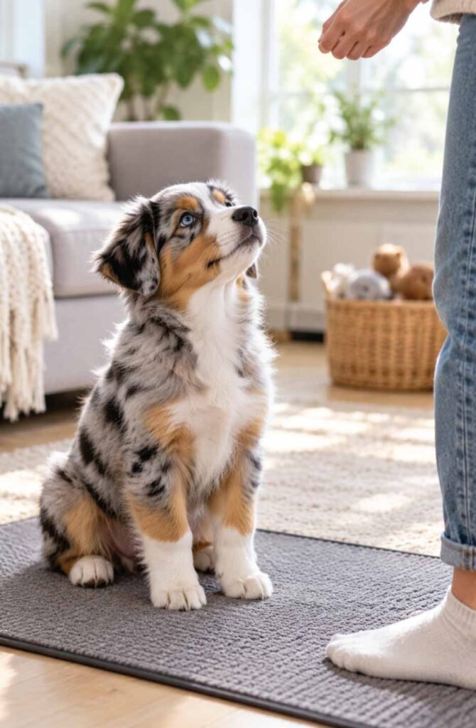 Australian shepherd puppy sitting calmly on a mat, learning an alternative to biting