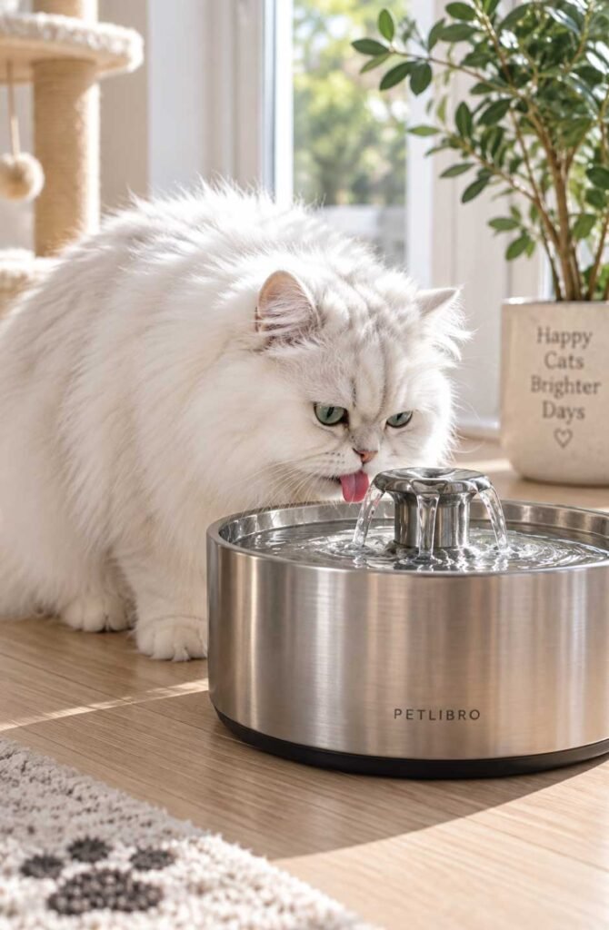 White Persian cat drinking from a stainless steel pet water fountain in a bright, naturally lit home interior