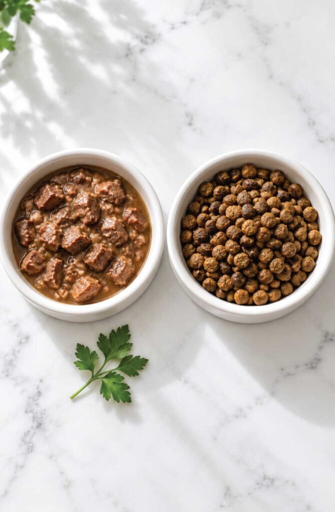 Side-by-side comparison of wet cat food and dry kibble in ceramic bowls on a white kitchen surface