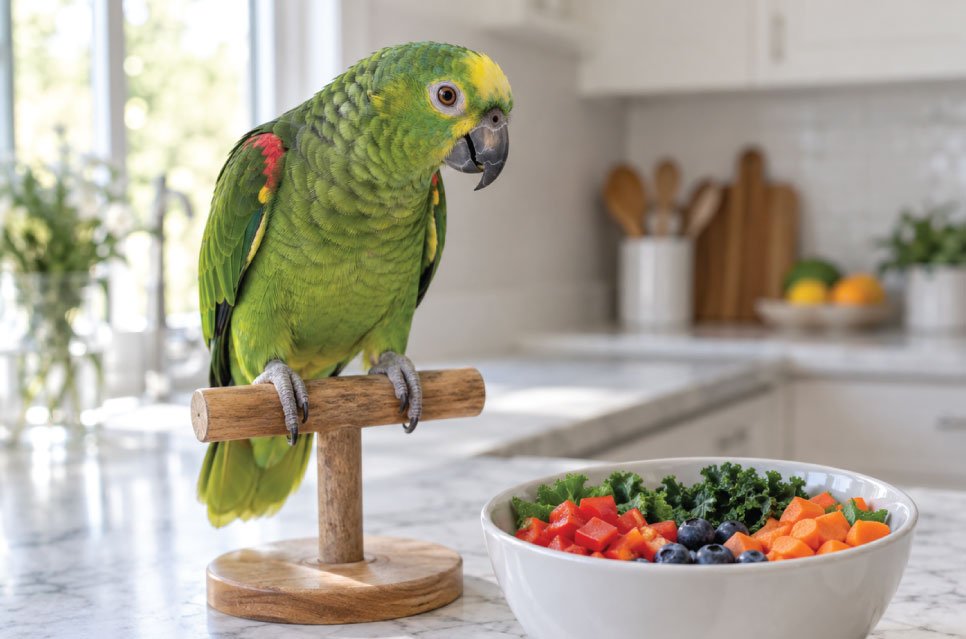 Colorful parrot perched beside a bowl of fresh vegetables including kale, bell pepper, and carrot on a bright kitchen counter