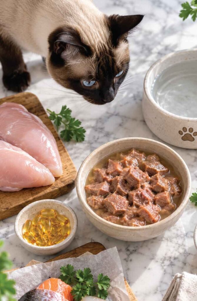 Siamese cat sniffing a flat lay spread of raw chicken, wet cat food, and fish on a white marble surface in natural light