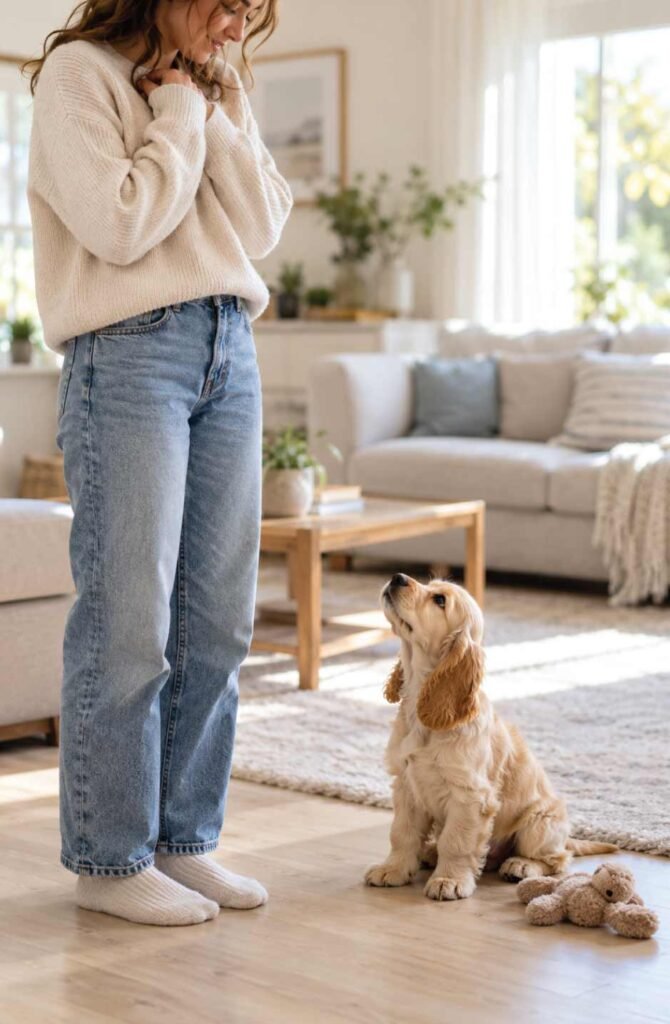 Owner calmly turning away with hands tucked in while a puppy sits and waits after biting