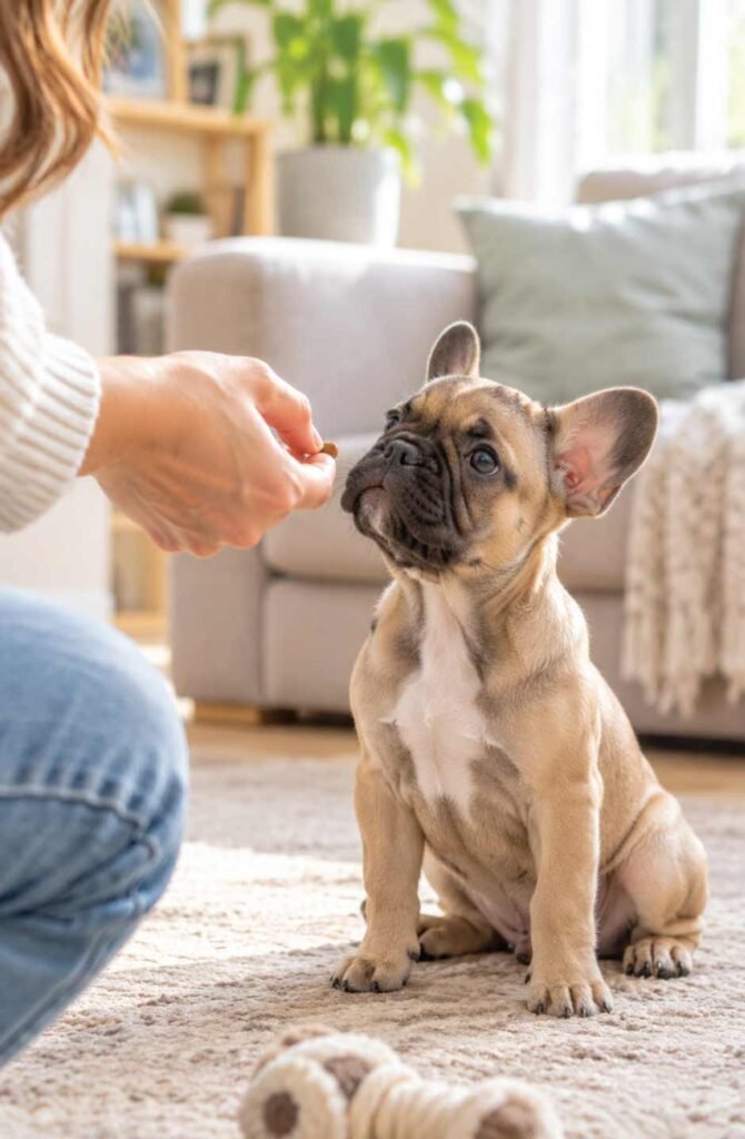 Hand offering a treat to a calm French bulldog puppy during reward-based training